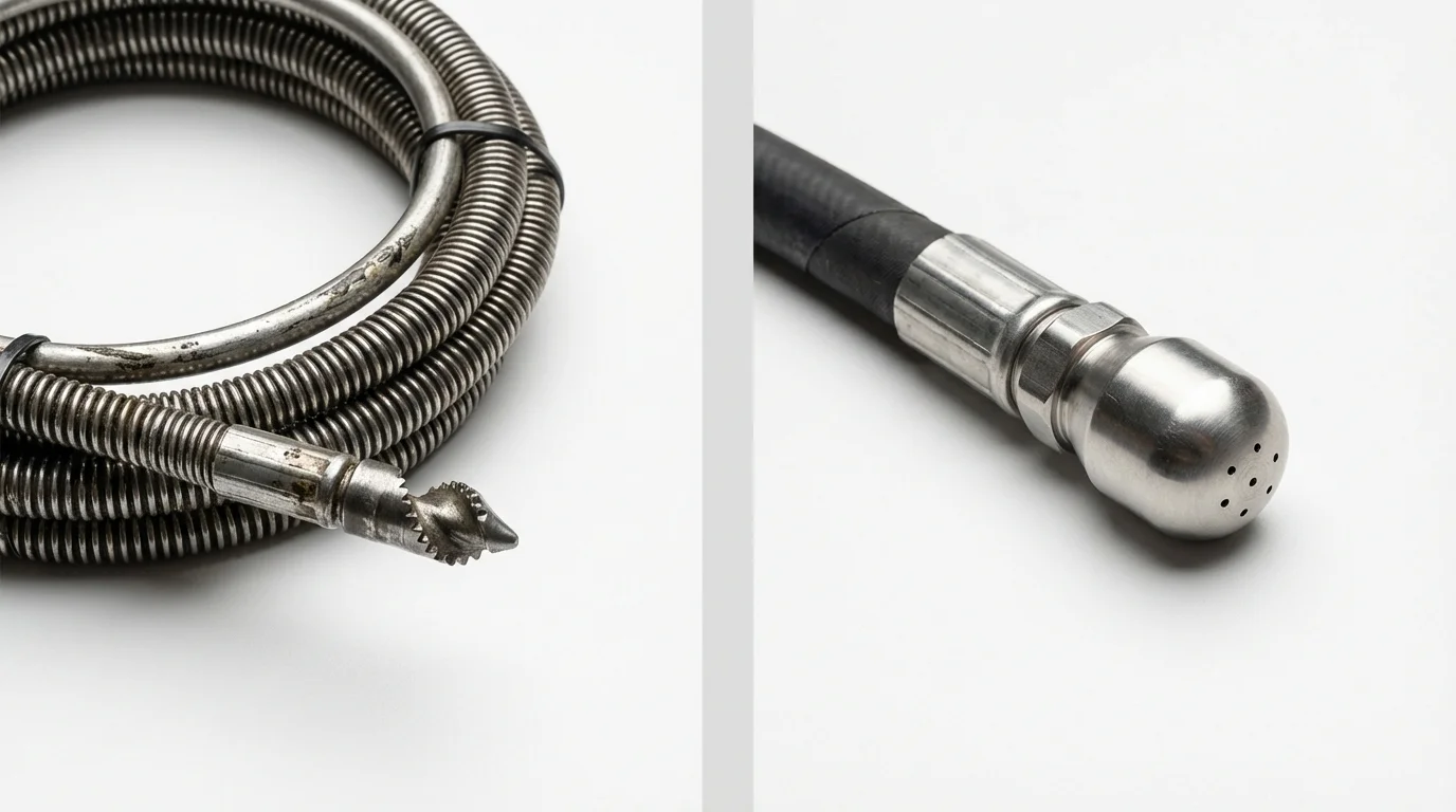 Drain snake cable and hydro jetting nozzle used for drain cleaning in Orleans, MA