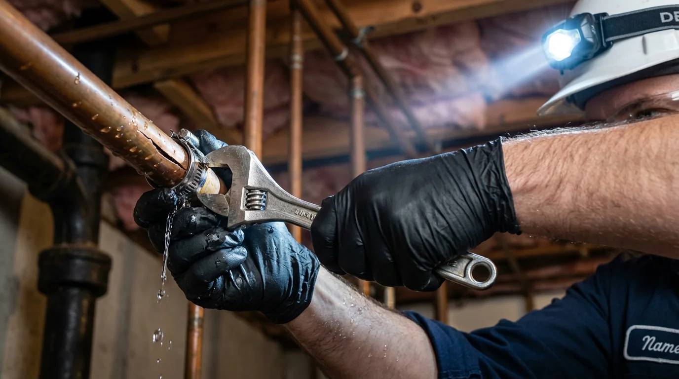 Emergency pipe clamp repair being performed by a Johns Plumbing LLC plumber in Orleans