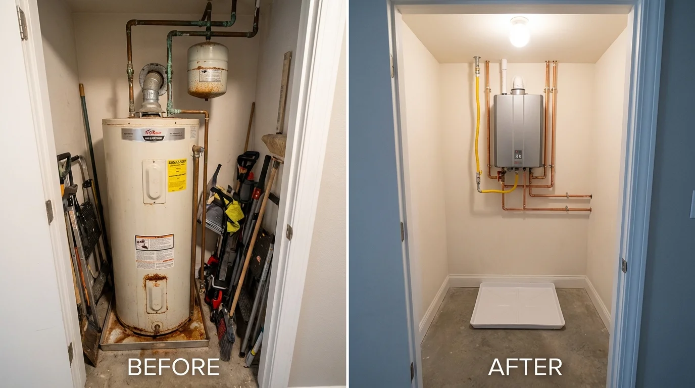 Tank water heater versus wall-mounted tankless unit comparison for Orleans, MA homeowners