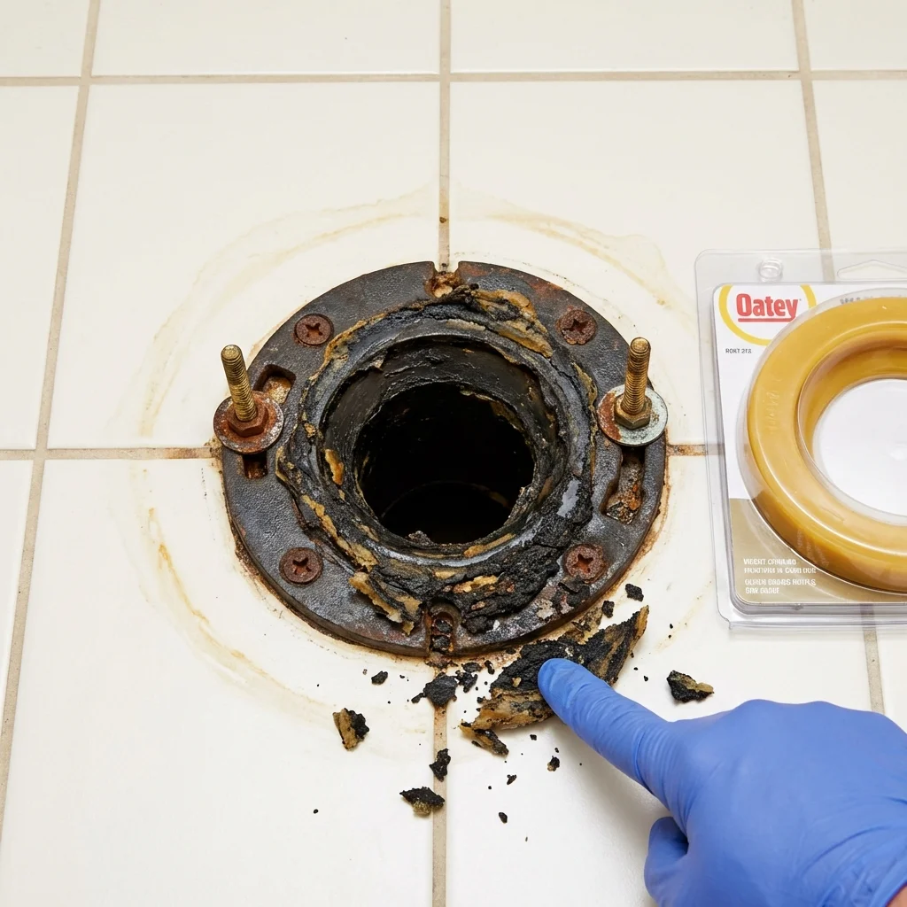 Failed wax ring showing water seepage at the base of a toilet in a Orleans, MA home