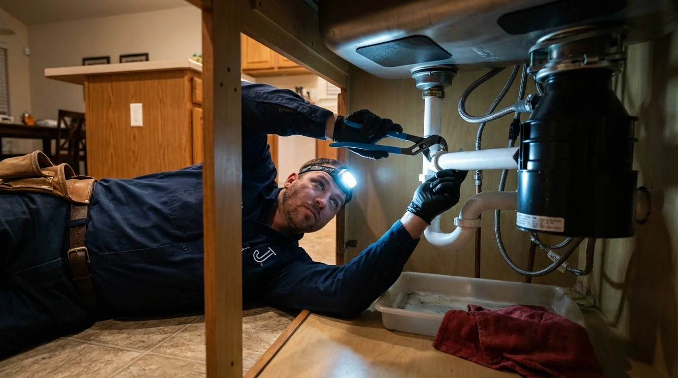 P-trap and supply line connections under a kitchen sink showing a common leak point in Orleans, MA